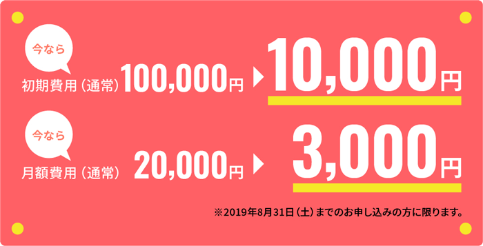 今なら初期費用（通常）100,000円⇒10,000円 今なら月額費用（通常）20,000円⇒3,000円